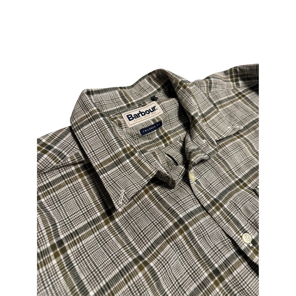 Barbour Tailored Fit Linen Cotton Plaid Button Down Shirt Men's L